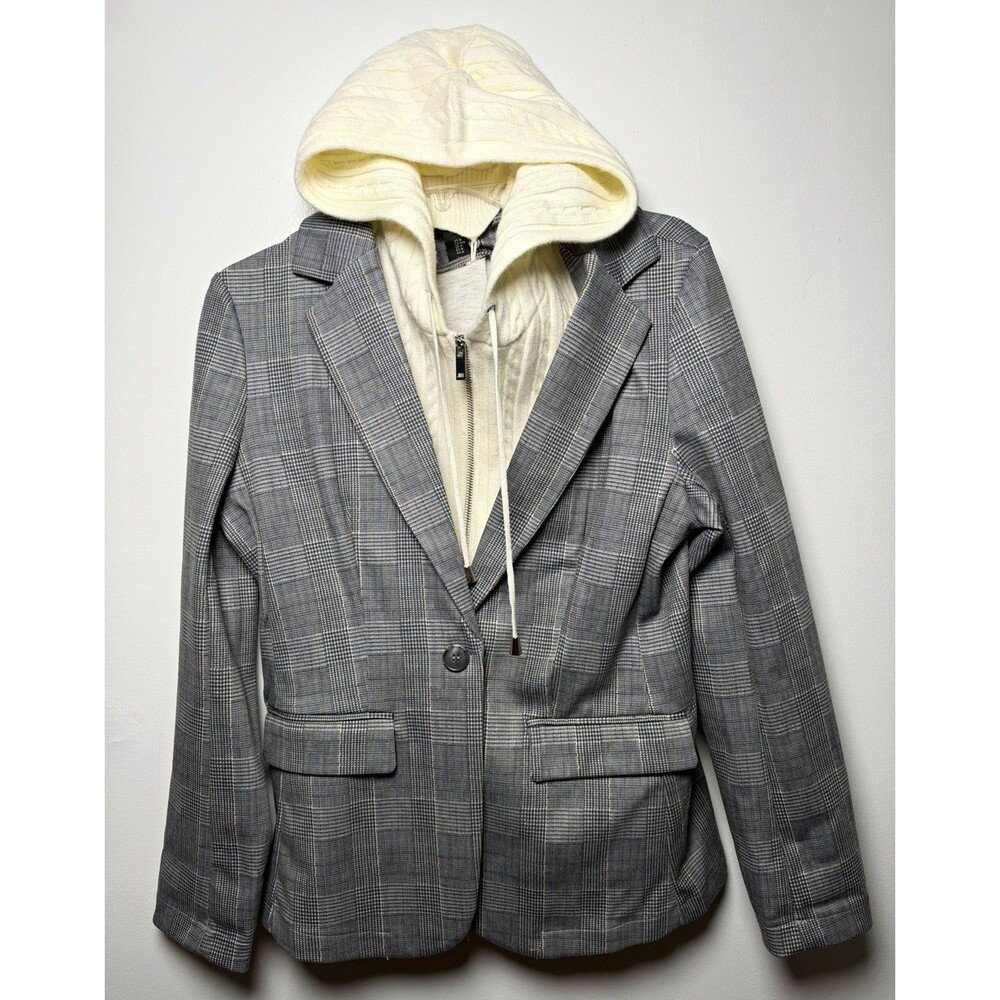 Tahari Women’s M Gray Plaid Blazer Removable Hooded Ivory Zip Sweater
